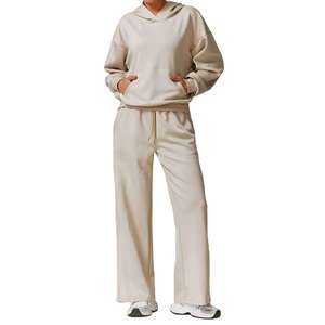 Ensemble de survêtement d'hiver pour femmes grande taille, couleur unie, sweat-shirt 100% coton avec pantalon de jogging deux pièces - Product Image 4