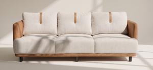 Modern Three Seat <b>Sofa</b> With Fabric Cushions And Leather Accents For Living Room - Product Image 5