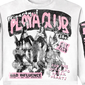 Oversized Crop <b>Long</b> <b>Sleeve</b> <b>T</b>-<b>Shirt</b> With Bunny Print Streetwear Style O-Neck Jersey Fabric Men's <b>White</b> Cotton Top - Product Image 5