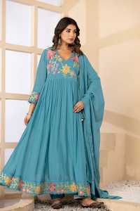 Premium Mul Cotton Angrakha Suit Set for <b>Women</b> Sky Blue Floral Embroidered Anarkali <b>Kurta</b> with Dupatta Ethnic Wear - Product Image 3