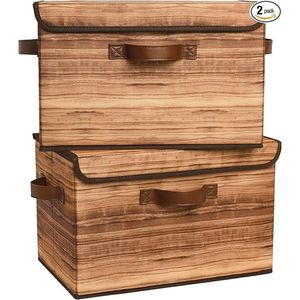 Confezione da 2 Scatole Portaoggetti in Tessuto con Coperchio Effetto Legno, Contenitori Decorativi per Organizzare l'Armadio 2022 - Product Image 1
