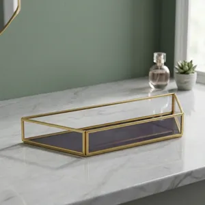 Modern Rectangle <b>Glass</b> Storage Tray with Brass Frame and Purple Base for <b>Desk</b> and Vanity Jewelry Organization Home Decor - Product Image 2