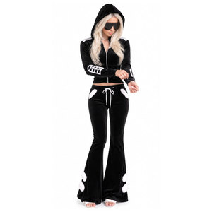 Ensemble de survêtement à capuche en velours noir pour femme, manches longues, fermeture éclair sur le devant, vêtements décontractés d'automne, sweat-shirt et pantalon avec accents blancs - Product Image 5