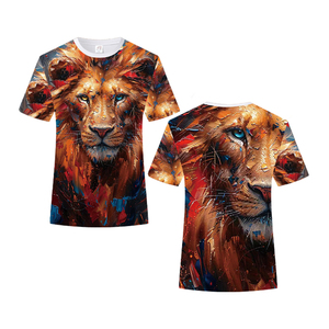 T-shirt à imprimé graphique 3D Lion par sublimation - Style peinture à l'huile artistique, streetwear décontracté, manches courtes, col rond, haut tendance - Product Image 2