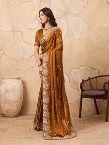 Elegante Saree de Seda Premium Dorado con Bordado Dorado, Traje Tradicional Indio para Bodas y Fiestas, para Mujer, Largo hasta el Suelo, Corte Ajustado - Product Image 2