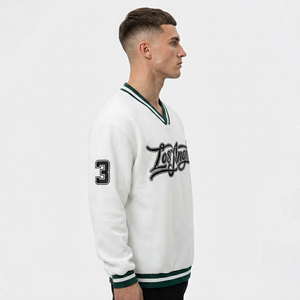 Sweat-shirt à col en V pour homme, pull en coton tricoté surdimensionné, vêtements de sport décontractés, automne, rayures blanches et vertes - Product Image 4