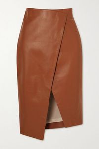 Jupe midi droite en similicuir pour femme avec fente avant, design minimaliste, couleur beige, taille normale, à porter toute l'année - Product Image 2