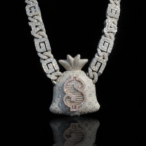 Pendentif Hip Hop Sac d'argent serti de diamants avec symbole dollar, en argent 925 et or 14K, orné de micro-pavés de diamants - Product Image 1