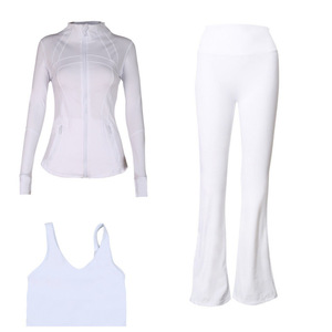 Original Brand Three-Piece Sports Set Flared Pants U-<b>Back</b> Bra Solid Pattern Fitness Yoga Gear Breathable Elastic Waist Front - Product Image 5