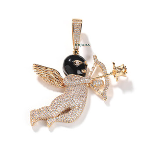 925 Silver Rhodium Plated Moissanite <b>Angel</b> Pendant with Black Head Wings Luxury Themed Wedding Hiphop <b>Charm</b> Unisex Everyday Wear - Product Image 1
