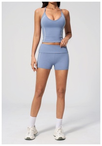 2026 Blue 2 Piece Yoga Set Halter <b>Crop</b> <b>Top</b> High Waist Shorts Seamless Quick Dry Spandex Polyester Solid Color Contrast Stitch - Product Image 4