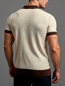 Chemise décontractée pour homme en viscose/coton tricoté blanc uni à manches courtes, respirante, séchage rapide, coupe classique avec col et poignets marron - Product Image 6