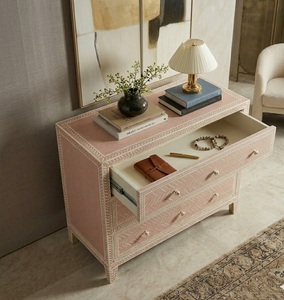 Commode traditionnelle en bois massif avec incrustations en os, meuble de rangement à motifs roses pour salon - Product Image 4
