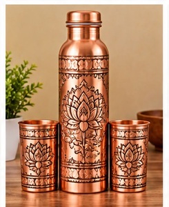 Bouteille d'eau en cuivre faite à la main avec couvercle et tasse assortie, motif montagne et forêt, ensemble de vaisselle de plein air - Product Image 6