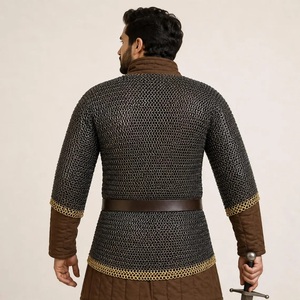 Camisa de malla metálica con diseño de anillos redondos soldados de acero, estilo antiguo, ropa de armadura, forro marrón, manga larga - Product Image 2