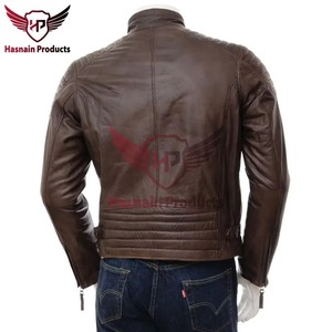 Mens Real Brown Leather Jacket Slim Biker Motorcycle Cafe Racer Cowhide <b>Coat</b> Padded Shoulder Custom Classic Fashion Outerwear - Product Image 4