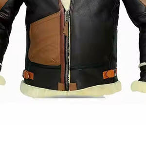 Blouson aviateur en cuir véritable pour homme avec doublure en fausse fourrure, design color block, coupe-vent, style motard, vêtement d'hiver - Product Image 6
