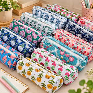 <b>Large</b> Capacity Luxury Eco-Friendly Quilted Cotton Pencil Pouch Floral Zipper Stationery <b>Storage</b> School Office Travel Students - Product Image 2