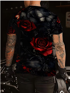 T-shirt pour homme à imprimé floral, manches courtes, col rond, coupe ajustée, vêtement décontracté, respirant, polyester, motif rose noire et rouge - Product Image 3