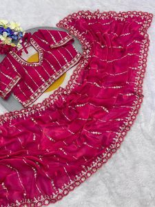 Sari indien de créateur en satin de soie pour femme, séchage rapide, broderie, dernière collection, traditionnel, exclusif, élégant, pour fêtes et mariages, usage régulier - Product Image 6