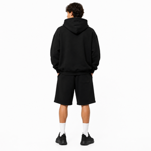 Men's Black Hoodie And Shorts <b>Set</b> Solid Color Fleece Casual Wear Summer Outfit <b>Knitted</b> Fabric Hooded Sweatshirt With Kangaroo - Product Image 2