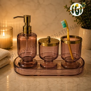 <b>Green</b> Ribbed Glass Silk Screen Personal Care Bathroom Accessories Set Lotion <b>Pump</b> Jar Toothbrush Cup Tray Decorative Countertop - Product Image 4