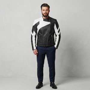 Blouson moto homme en cuir PU noir et blanc, coupe ajustée, col rabattable, fermeture éclair, style hiver - Product Image 1