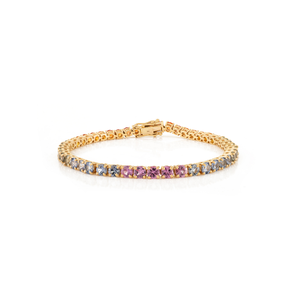 Elegant Gift For Women Trendy Design Colorful Multi Sapphire Gemstone K14 Real Yellow <b>Gold</b> Stacked Tennis Bracelet For Unisex - Product Image 1