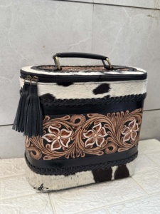 Wholesale Portable Women Makeup Box Toiletry <b>Bag</b> Cowhide & <b>Tooled</b> Leather Jewelry Case Organizer Travel Cosmetic <b>Bag</b> With Handle - Product Image 4