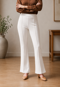 Pantalon Évasé Blanc Élégant Taille Haute en Satin Longueur Cheville pour Femme Coupe Droite Fermeture Éclair Couleur Unie - Product Image 4