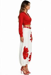 Women Red V Neck Long Sleeve Crop <b>Top</b> <b>White</b> Floral Pants 2 Piece <b>Set</b> - Product Image 2