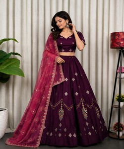 Purple Silk Lehenga Choli With Embroidered Dupatta Traditional Indian Wedding Wear Women's <b>Floor</b>-Length Ethnic Dress SWC-5056 - Product Image 2