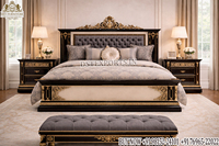 Lit de style baroque européen, chef-d'œuvre avec rembourrage diamanté, lit de style baroque noir et or européen, ensemble de lit de style rococo palais