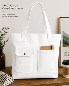 <b>White</b> Canvas Fashion Tote <b>Bag</b> 16 in with Front Pockets Customized Closure for Shopping & Travel - Product Image 1