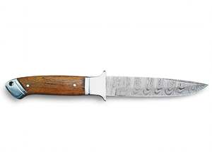 Couteau de camping artisanal en acier Damas, manche en bois, pommel en acier - Product Image 1