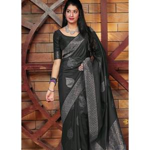 LITCHI SUAVE SEDA SAREE CON ZARI CON JACQUARD TRABAJO DSAREE CON BLUSA DESCOSTADA NEGRO - Product Image 1
