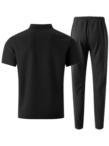 Men's Customized Black Solid Short Sleeve Polo Shirt Set Pockets Matching Pants Casual Knitted Cotton Breathable Summer Wear - Product Image 3