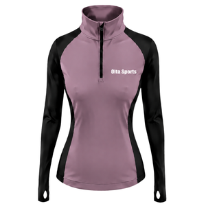 Women Quarter Zip Athletic <b>Top</b> Mauve Long Sleeve Fitted Sports Training Shirt High Collar <b>Thumbhole</b> Performance Activewear - Product Image 1