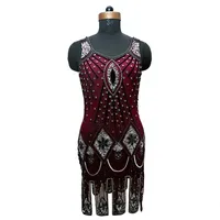 Robe de soirée bordeaux à franges perlées, sans manches, col en V, avec strass, pour soirée, cocktail, événement
