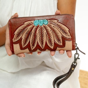 La más nueva cartera occidental de girasol de cuero con herramientas a mano, Cartera de mano de cuero genuino, Cartera de teléfono y tarjeta de crédito de piel de vaca personalizada para mujer - Product Image 3