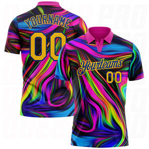 Polo de golf sportif en maille légère, coupe décontractée et régulière, anti-rétrécissement, rose foncé et jaune, avec motifs et logos - Product Image 4