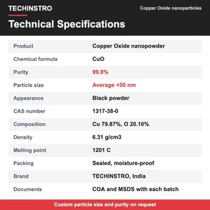 Nanoparticules d'oxyde de cuivre de qualité industrielle, nanopoudre de CuO 99,9 % <50 nm pour applications d'électrodes de batterie - Product Image 2