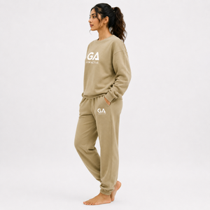 <b>Womens</b> <b>Beige</b> Oversized Cotton Blend Hooded Sweatshirt <b>Jogger</b> Set Custom Logo Casual Sportswear Lounge Wear Tracksuit - Product Image 3