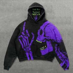 Sudadera con Capucha Oversize de Algodón Grueso Negro con Paneles de Corte y Costura con Patrón de Llama, Estilo Urbano, Gráfica, Calidad Premium, Venta al por Mayor - Product Image 3