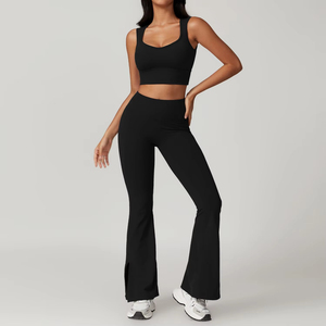 Ensemble de yoga d'été pour femme, taille haute, écologique, respirant, séchage rapide, sans couture, en spandex, 2 pièces, col en V, bretelles ajustables, dos ajusté - Product Image 4