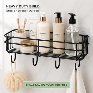 Double Tier Metal Wall Mounted Storage Basket With <b>Hooks</b> Self <b>Adhesive</b> Bathroom Organizer Minimalist Design - Product Image 3