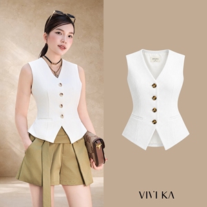 Chaleco Corto Informal Blanco con Cuello en V para Mujer, con Botones Dorados, Elegante Chaleco de Traje Sólido, Tejido de Tela DELWYN - Product Image 1