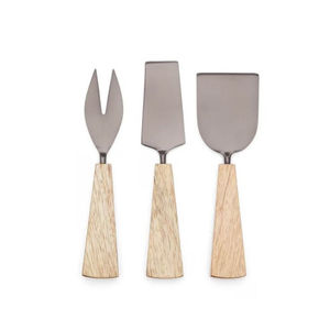Ensemble de couteaux à fromage de style moderne avec manches en bois d'acacia et lames en acier inoxydable noir, élégants outils de service pour le fromage pour la cuisine - Product Image 1