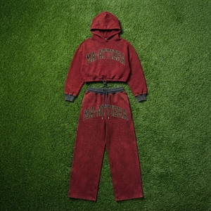Custom Women Acid Wash <b>Burgundy</b> Cropped Hoodie Wide Leg Jogger Set Cotton Fleece Streetwear OEM Wholesale - Product Image 5
