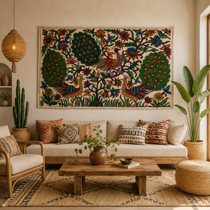 Traditional Hand Woven Cotton Tapestry <b>Wall</b> Hanging Aari Kashmiri Embroidered Peacock Floral Design Rectangle Indoor Decor Art - Product Image 3